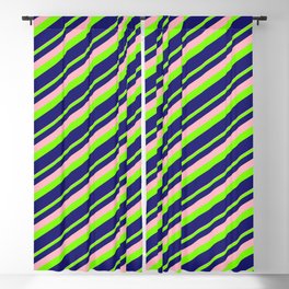 [ Thumbnail: Light Pink, Green, and Midnight Blue Colored Striped/Lined Pattern Blackout Curtain ]