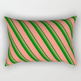 [ Thumbnail: Forest Green, Dark Green & Salmon Colored Stripes Pattern Rectangular Pillow ]