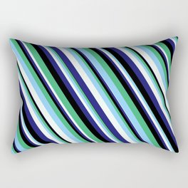 [ Thumbnail: Eye-catching Sea Green, Light Sky Blue, Mint Cream, Midnight Blue, and Black Colored Lined Pattern Rectangular Pillow ]