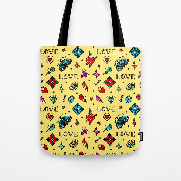 Old school tattoo seamless pattern with love symbols Tote Bag