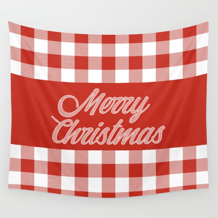 Merry Christmas Classic Red and White Buffalo Check Pattern Wall Tapestry