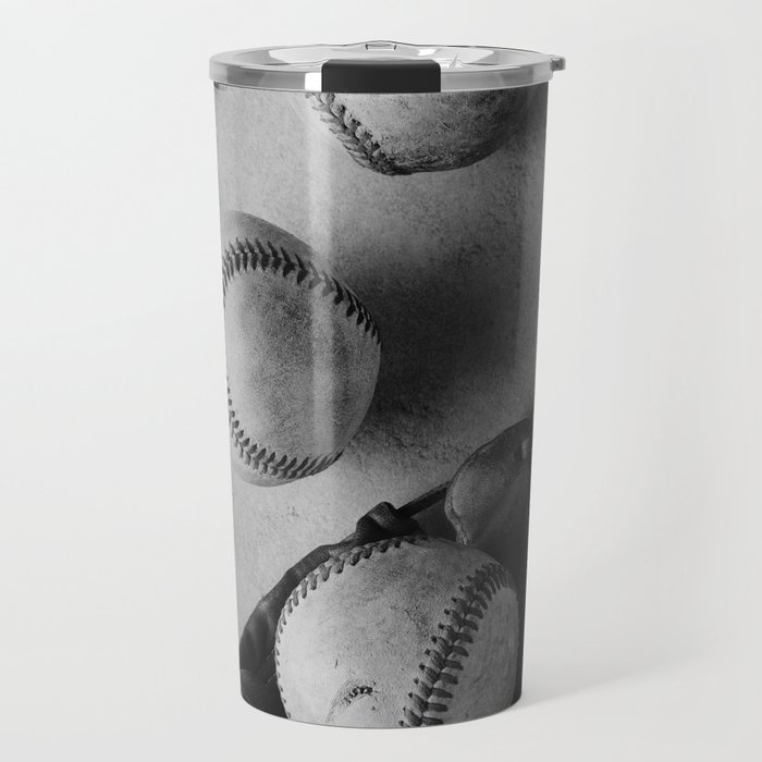 Baseballs used in game with glove in black and white Travel Mug