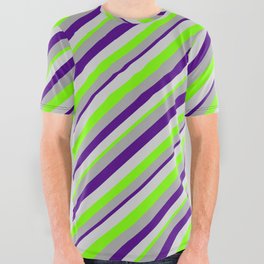 [ Thumbnail: Dark Grey, Indigo, Light Grey, and Green Colored Lines Pattern All Over Graphic Tee ]