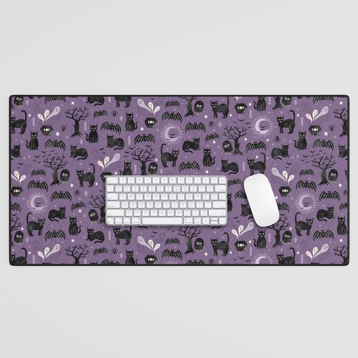 Black cats and bats, witchy things, halloween on purple Desk Mat