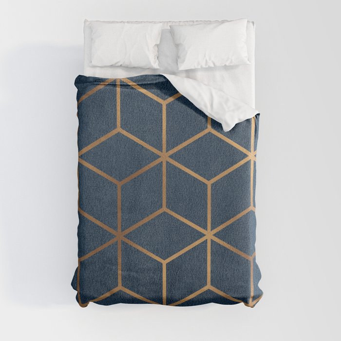 Dark Blue and Gold - Geometric Textured Cube Design Duvet Cover