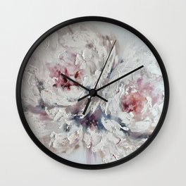 Delicate white peony buds. Gorgeous abstract flowers in pastel colors. Wall Clock