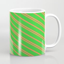 [ Thumbnail: Coral and Lime Green Colored Lined Pattern Coffee Mug ]
