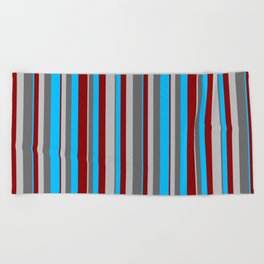 [ Thumbnail: Grey, Dim Grey, Deep Sky Blue & Dark Red Colored Stripes Pattern Beach Towel ]
