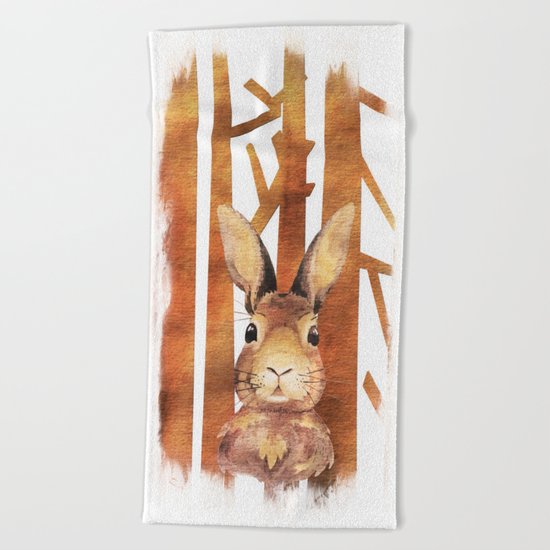 Fast Rabbit in the forest- abstract Hare watercolor Illustration Beach Towel