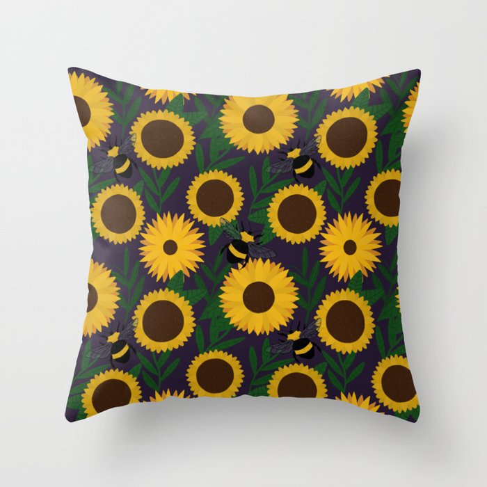 Sunflower Bee Pattern Throw Pillow