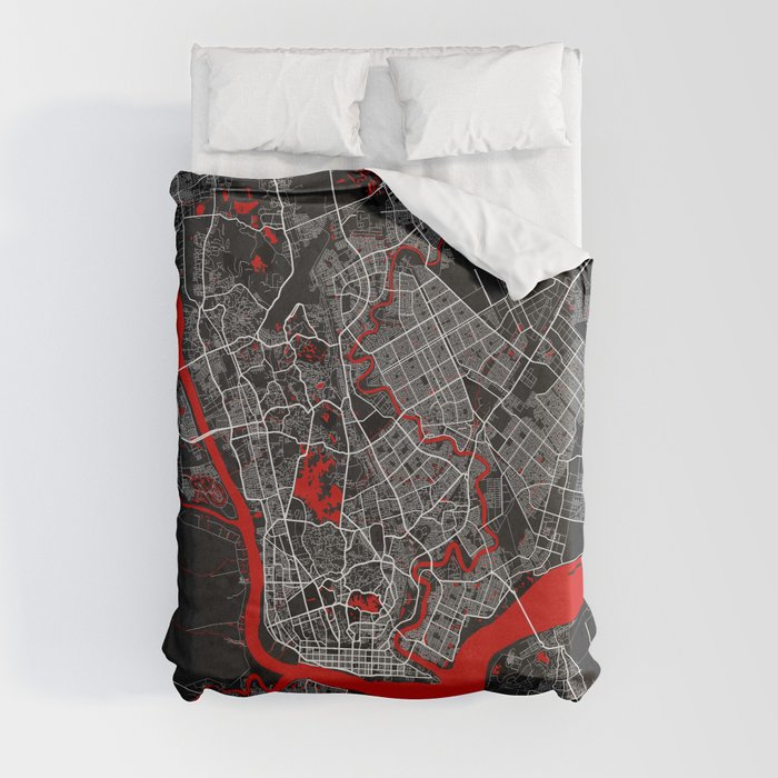 Yangon City Map of Myanmar - Oriental Duvet Cover