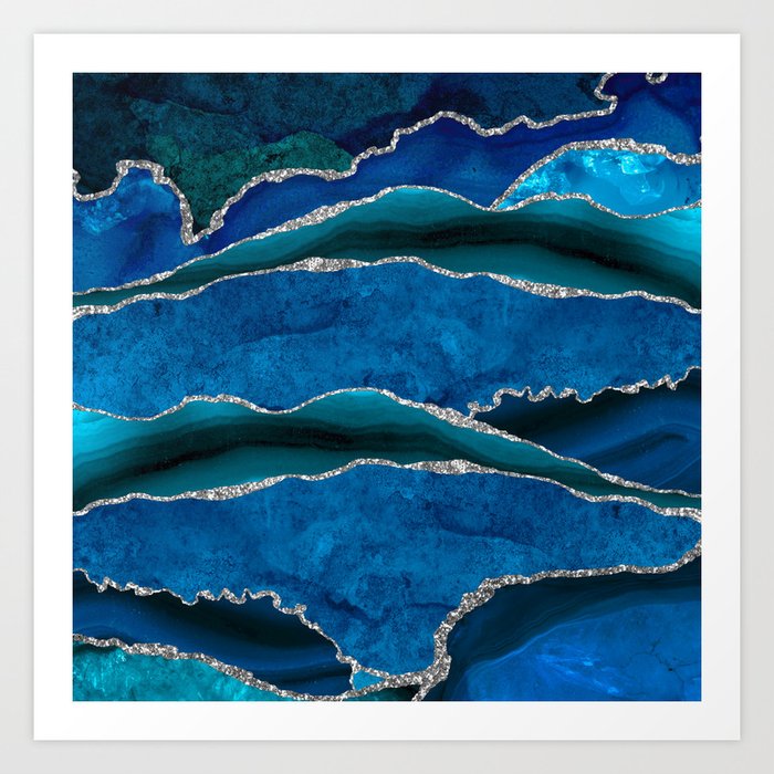 Blue And Silver Abstract Marble Art Print