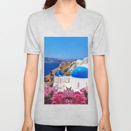 Blue Domes of Churches Greece Santorini Pink Flowers Oia Wall Art Prints V Neck T Shirt