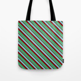 [ Thumbnail: Sky Blue, Dark Red & Sea Green Colored Striped Pattern Tote Bag ]