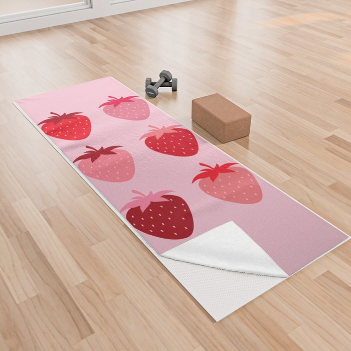 Abstract Retro Fruit Print Pink And Red Aesthetic Modern Preppy Strawberries Yoga Towel