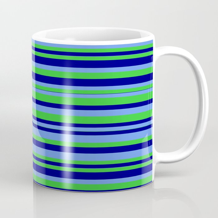 Cornflower Blue, Lime Green, and Blue Colored Striped/Lined Pattern Coffee Mug