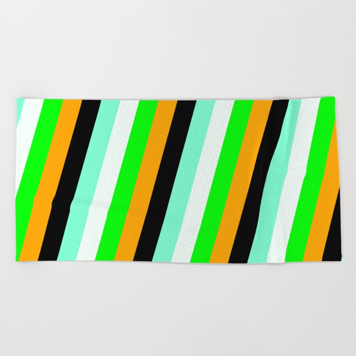 Vibrant Lime, Orange, Black, Aquamarine & Mint Cream Colored Pattern of Stripes Beach Towel