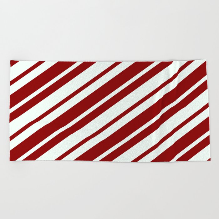 Mint Cream & Dark Red Colored Striped Pattern Beach Towel
