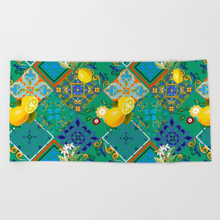 Tiles,mosaic,azulejo,quilt,Portuguese,majolica,lemons,citrus. Beach Towel