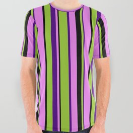[ Thumbnail: Green, Indigo, Violet, and Black Colored Lines/Stripes Pattern All Over Graphic Tee ]