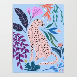 Blush pink Cheetah in jungle florals / jungle cat print /modern art Poster