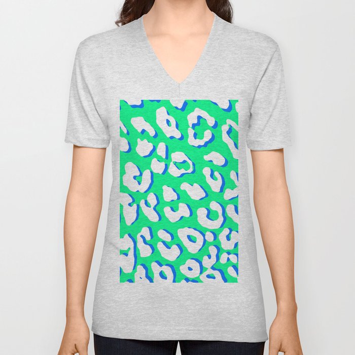 White Leopard Print Green Blue V Neck T Shirt