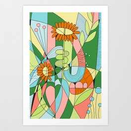 Orange and Blue Abstract Floral Art Print