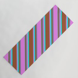 [ Thumbnail: Slate Gray, Violet, Aqua & Sienna Colored Striped/Lined Pattern Yoga Mat ]