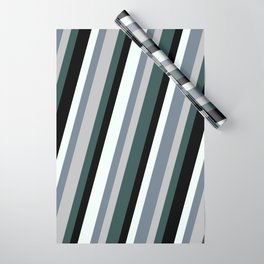 [ Thumbnail: Mint Cream, Slate Gray, Grey, Dark Slate Gray & Black Colored Pattern of Stripes Wrapping Paper ]