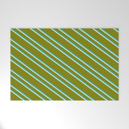 [ Thumbnail: Green, Deep Sky Blue & Beige Colored Striped/Lined Pattern Welcome Mat ]