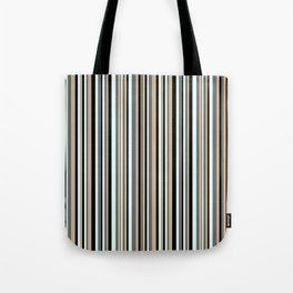 [ Thumbnail: Tan, Dim Grey, Light Cyan & Black Colored Lines Pattern Tote Bag ]