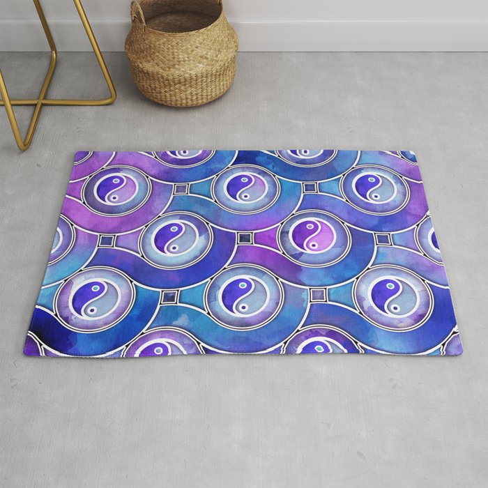 Watercolor Yin yang symbol pattern in purples and blues Rug