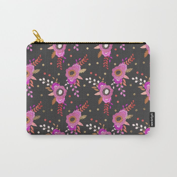 Trendy botanical pink black faux gold roses floral Carry-All Pouch