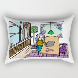 purple hair girl in vintage style dining room Rectangular Pillow