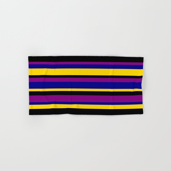 Yellow, Black, Purple, and Dark Blue Colored Pattern of Stripes Hand & Bath Towel