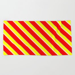 [ Thumbnail: Yellow, Bisque, Red & Gray Colored Striped/Lined Pattern Beach Towel ]