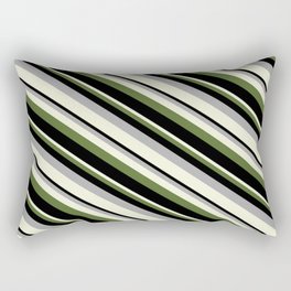 [ Thumbnail: Dark Grey, Beige, Dark Olive Green, and Black Colored Striped/Lined Pattern Rectangular Pillow ]