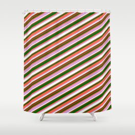 [ Thumbnail: Eye-catching Red, Plum, Mint Cream, Brown, and Dark Green Colored Lined/Striped Pattern Shower Curtain ]