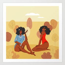 Hand drawn illustration with young happy beauty females group, Colorful seasonal poster collection Art Print