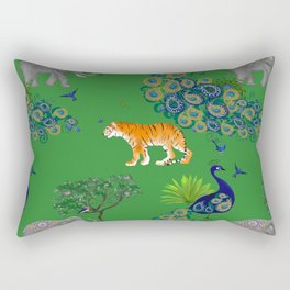 Tiger ,Indian elephant ,peacock jungle pattern ,green background  Rectangular Pillow
