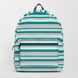 [ Thumbnail: Light Grey, Light Cyan, and Dark Cyan Colored Stripes Pattern Backpack ]