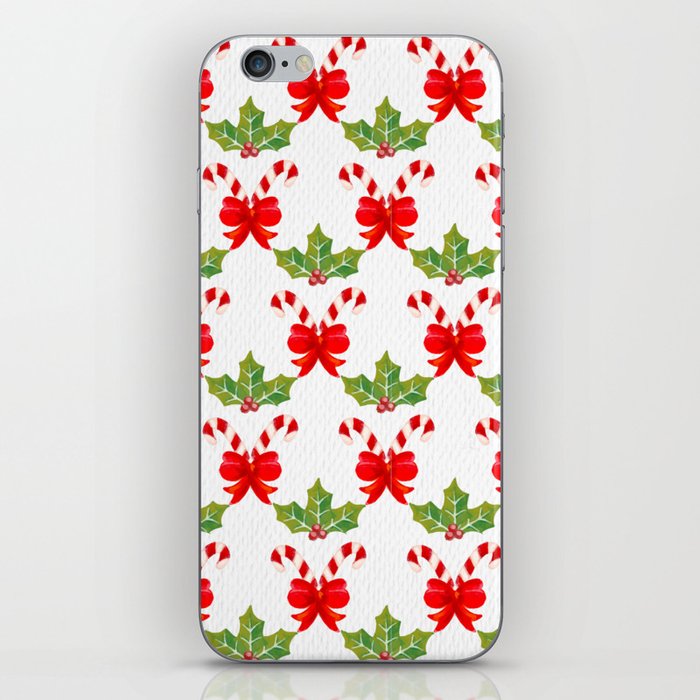 Christmas Pattern Watercolor Candy Bow Mistletoe iPhone Skin