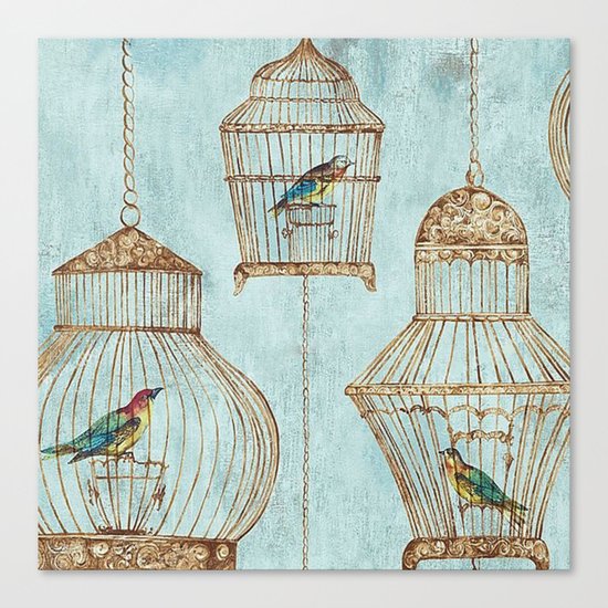 Vintage dream- Exotic colorful birds in cages on aqua background #Society6 Canvas Print