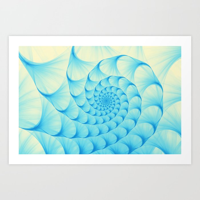 Nautilus Abstract Fractal Sea Shell Spiral Swirl Pattern Blue Yellow Pastel Wave Summer Pattern  Art Print