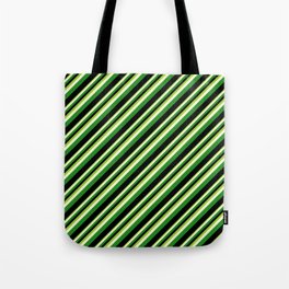 [ Thumbnail: Green, Light Yellow, Forest Green & Black Colored Stripes Pattern Tote Bag ]