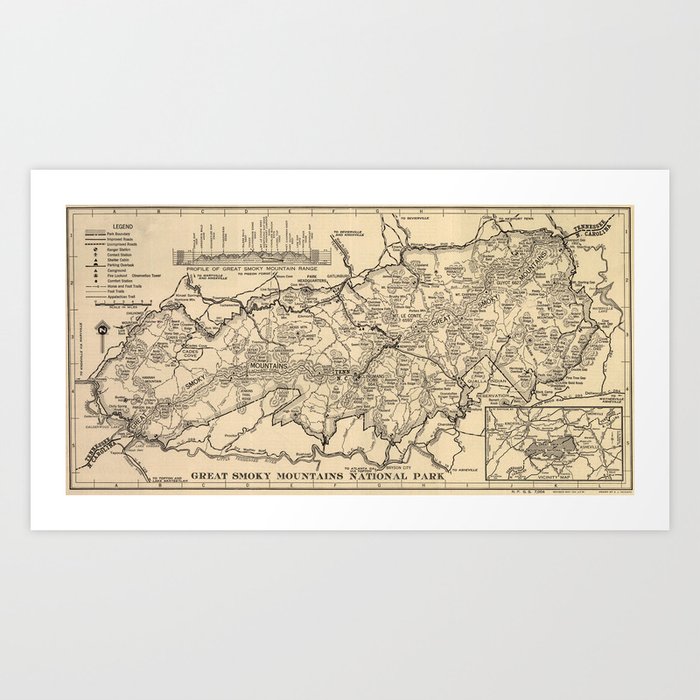 Vintage Great Smoky Mountains National Park Map (1941) Art Print