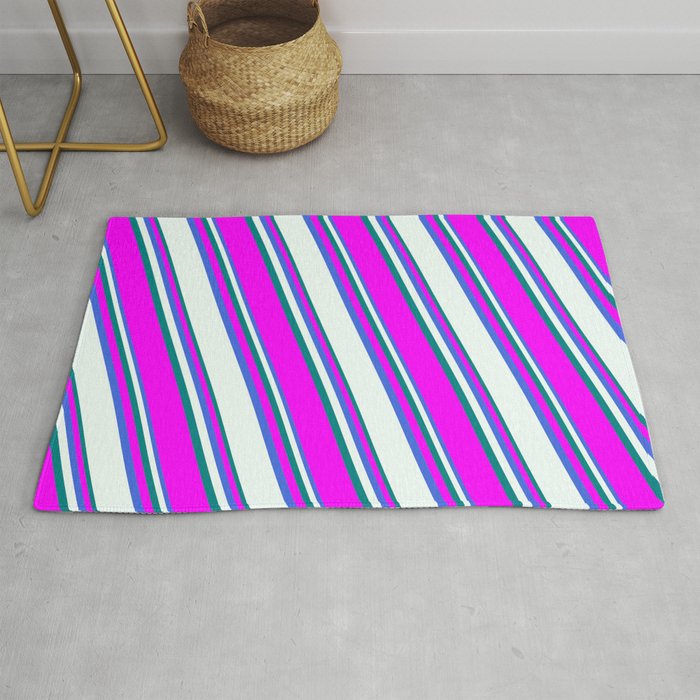 Royal Blue, Mint Cream, Teal, and Fuchsia Colored Lined Pattern Rug