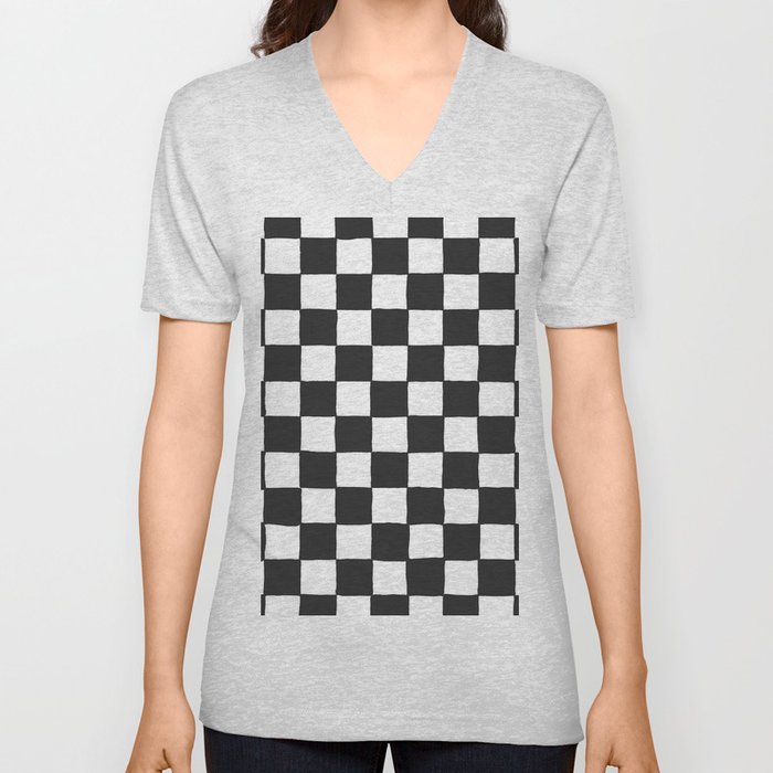 Black and White Checkered Pattern V Neck T Shirt