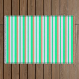 [ Thumbnail: Dark Salmon, Green & Lavender Colored Striped/Lined Pattern Outdoor Rug ]