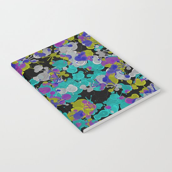 Dark Splatter - Abstract, paint splatter pattern in black, cyan, yellow, white and green Notebook